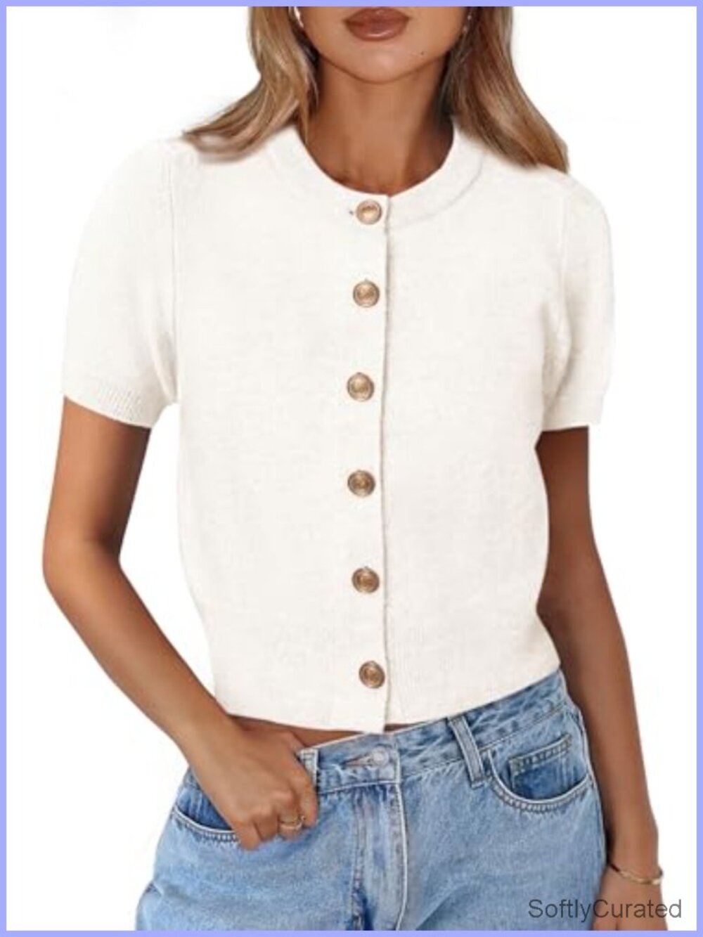 Short Sleeve Button Down Cardigan Lightweight Crew Neck Cropped Summer Sweater